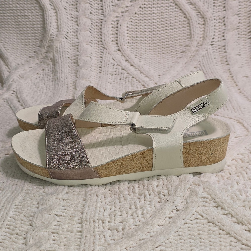Pikolinos Monk Strap Sandals White Metallic Leather Platform Women 38 Excellent - Picture 5 of 7